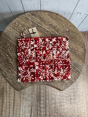 Coin Purse Red Sparkly beaded Sequin Coin Purse Wallet Red White Accessory